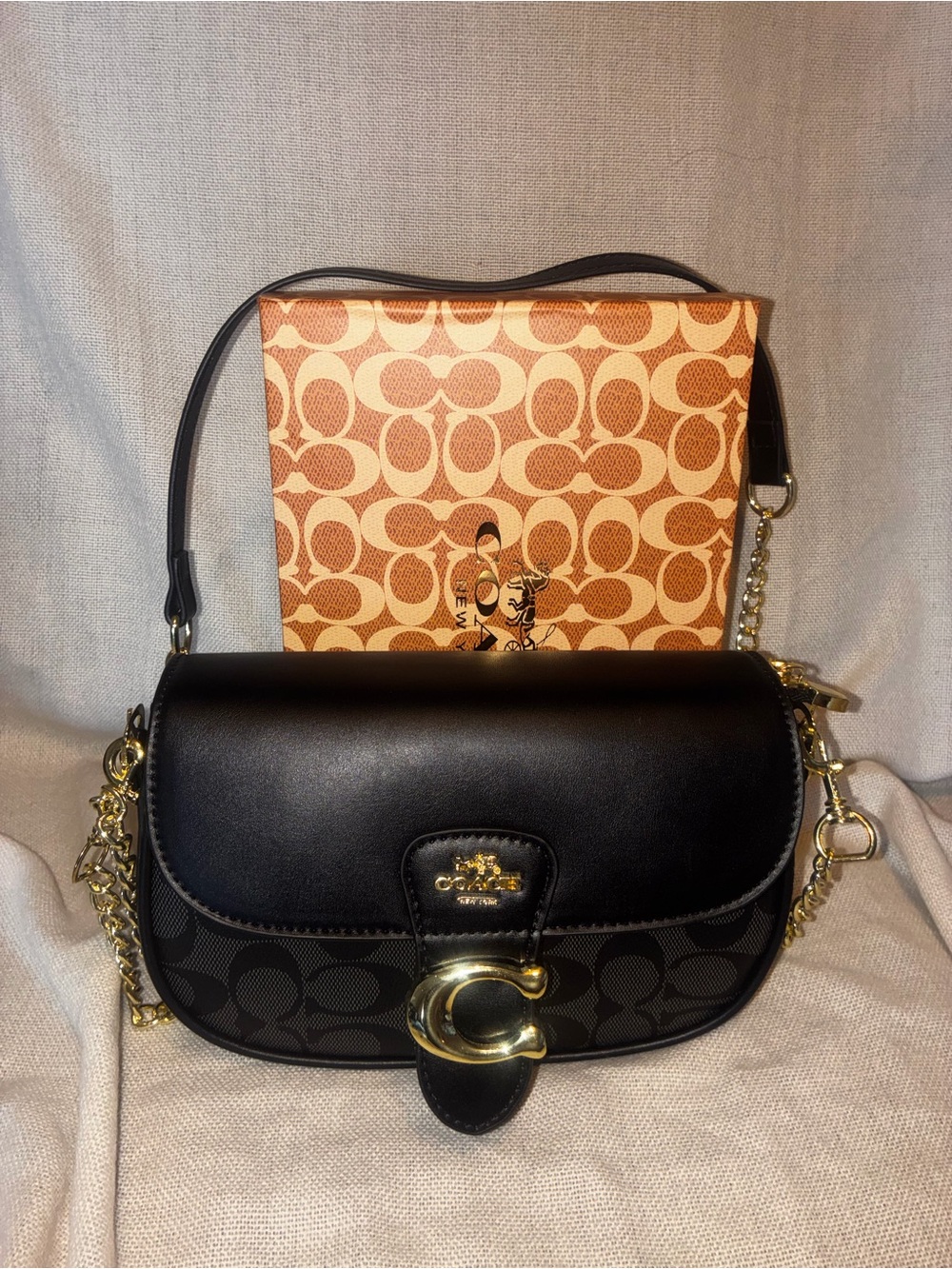 Coach Black Signature Canvas & Leather Saddle Bag with Gold Hardware